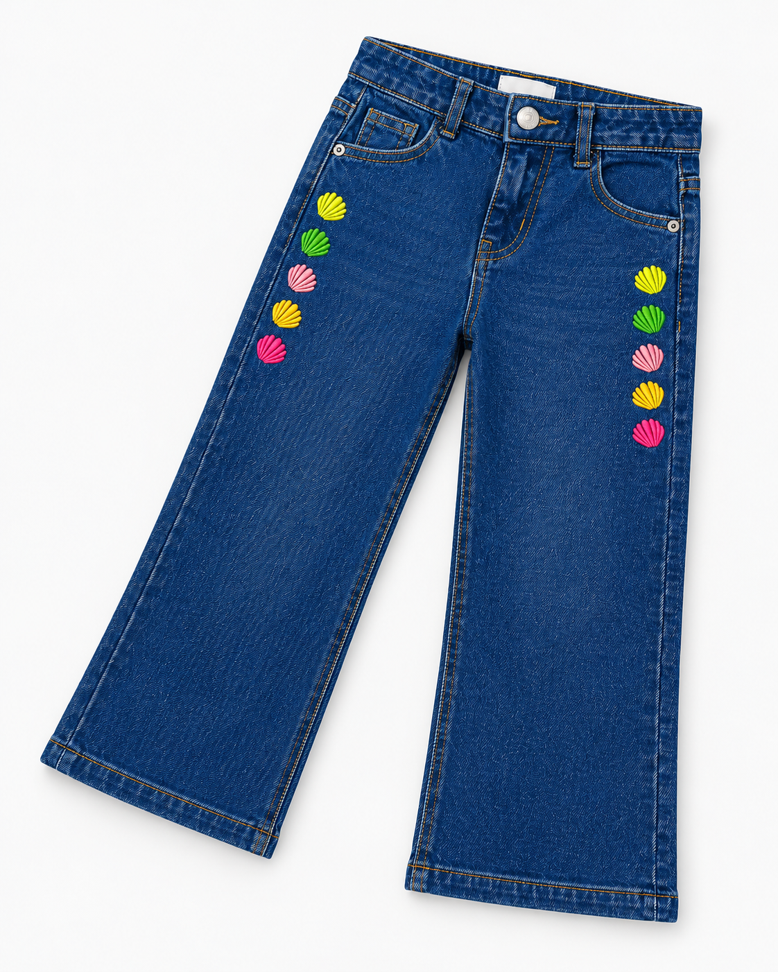 Girls’ Dark Blue Multicolor Shell Embroidered Wide-Leg Denim Jeans