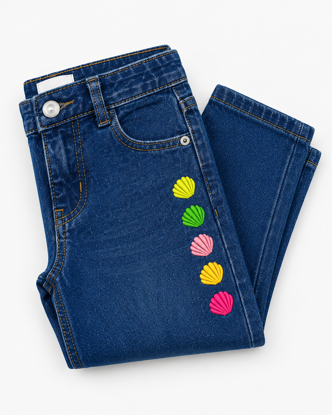 Girls’ Dark Blue Multicolor Shell Embroidered Wide-Leg Denim Jeans