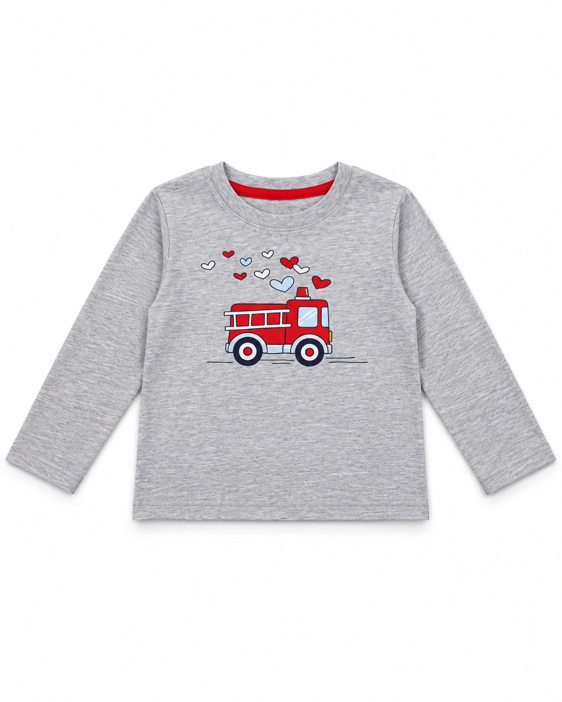Kids’ Light Grey Fire Truck and Hearts Graphic Full-Sleeve T-Shirt