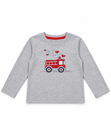 Kids’ Light Grey Fire Truck and Hearts Graphic Full-Sleeve T-Shirt