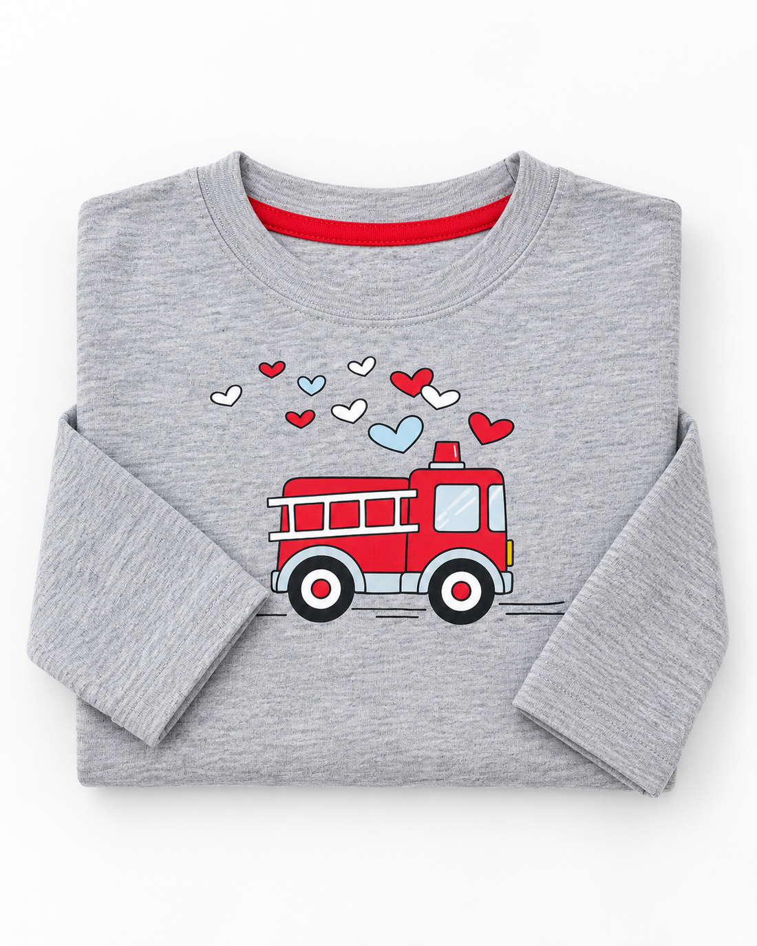Kids’ Light Grey Fire Truck and Hearts Graphic Full-Sleeve T-Shirt