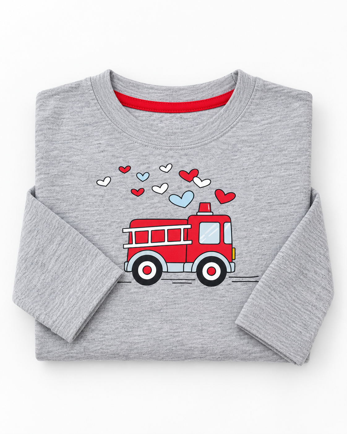 Kids’ Light Grey Fire Truck and Hearts Graphic Full-Sleeve T-Shirt