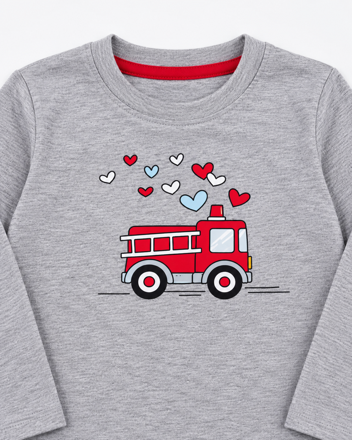Kids’ Light Grey Fire Truck and Hearts Graphic Full-Sleeve T-Shirt