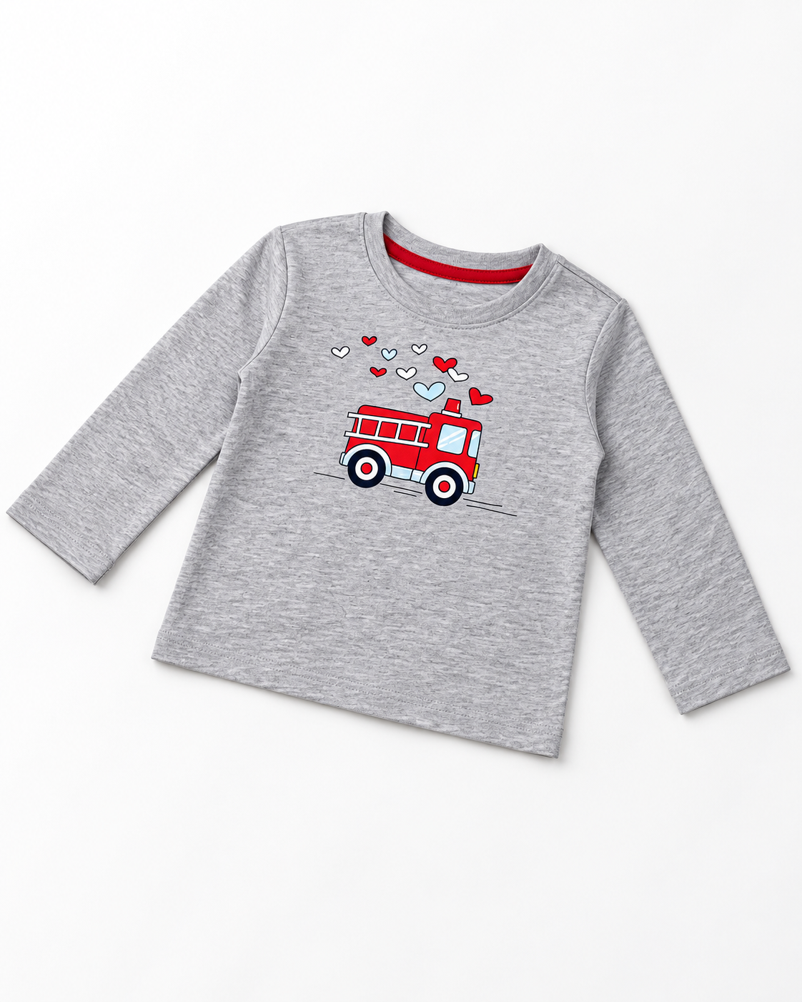 Kids’ Light Grey Fire Truck and Hearts Graphic Full-Sleeve T-Shirt