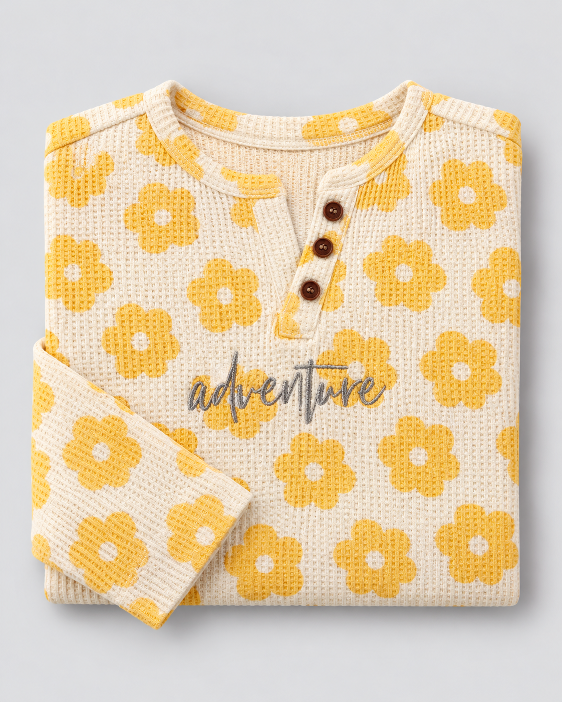 Girls’ Cream & Yellow Daisy Print Henley Long-Sleeve Top
