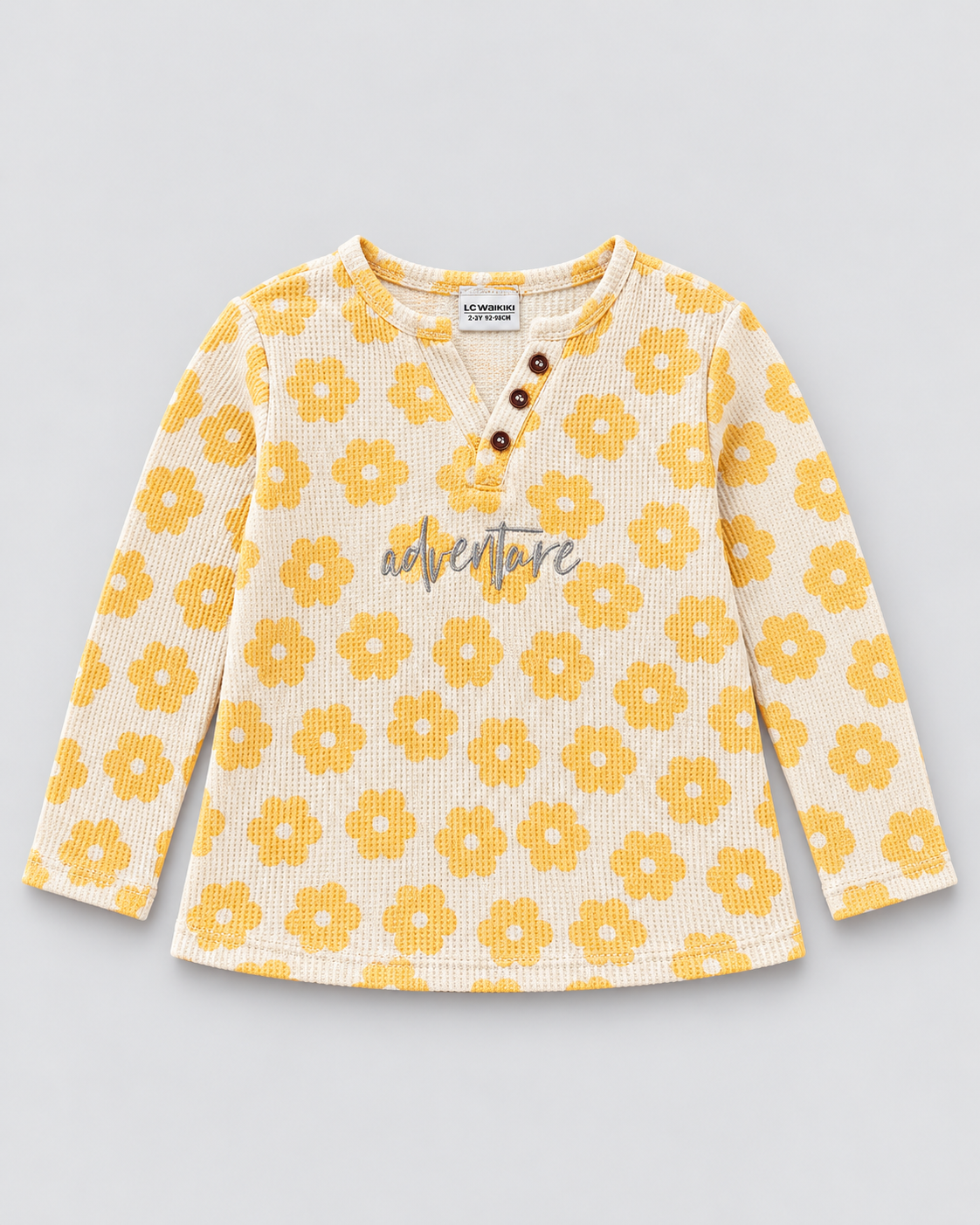 Girls’ Cream & Yellow Daisy Print Henley Long-Sleeve Top