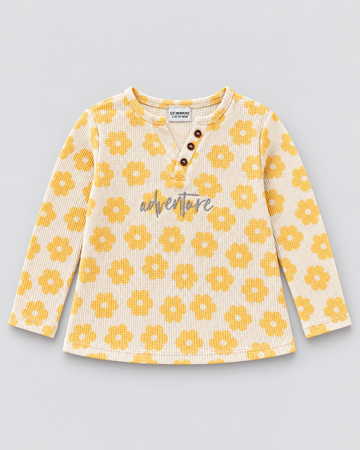 Girls’ Cream & Yellow Daisy Print Henley Long-Sleeve Top