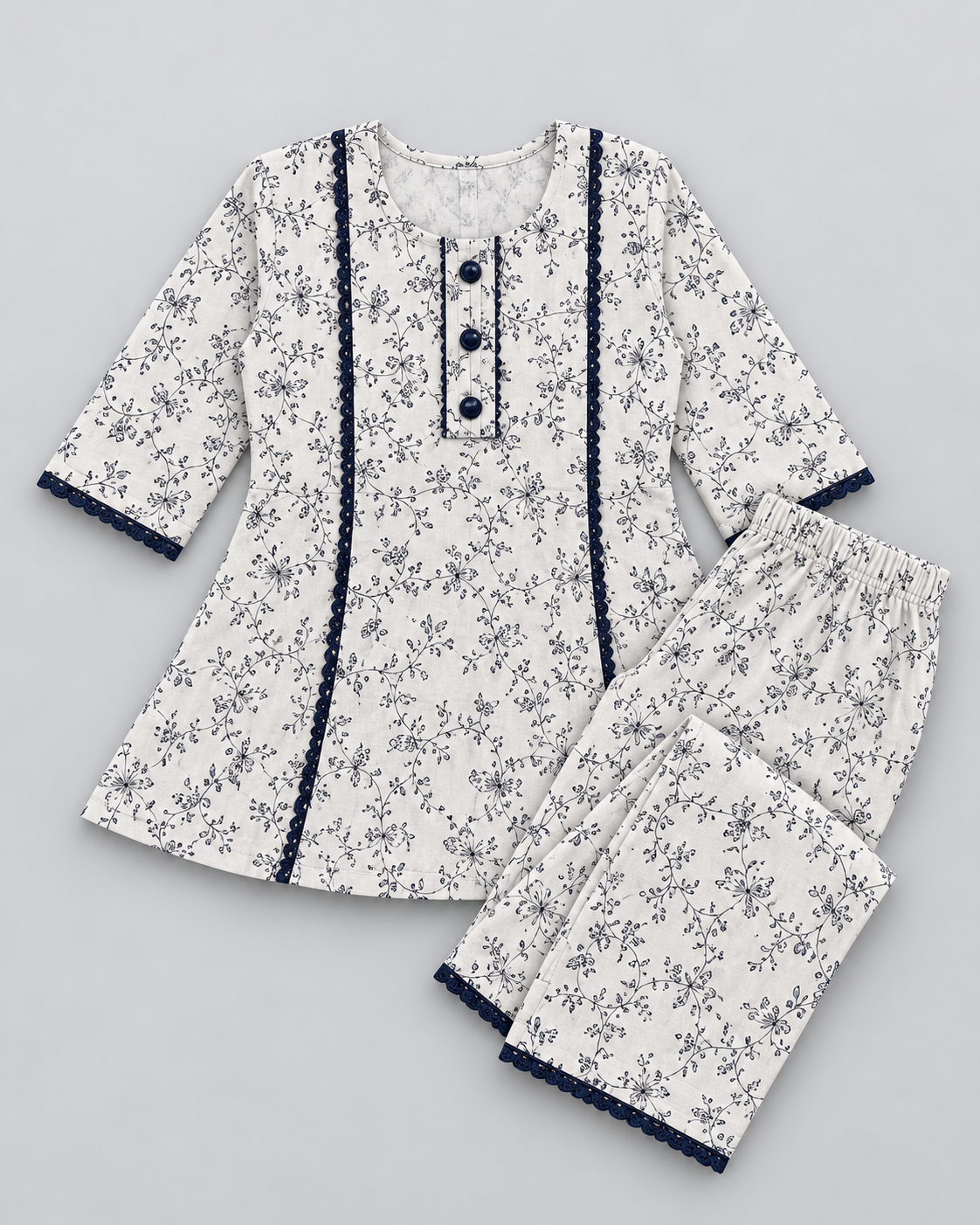 Girls’ White & Black Floral Printed Lawn 2-Piece Co-Ord Set