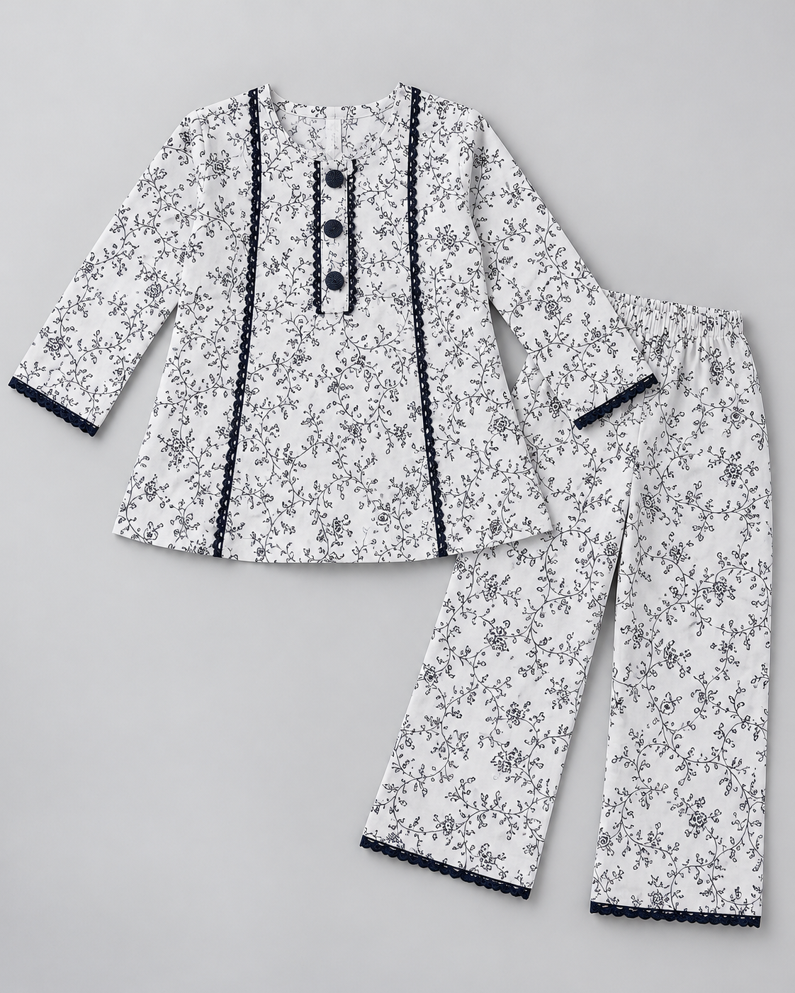 Girls’ White & Black Floral Printed Lawn 2-Piece Co-Ord Set