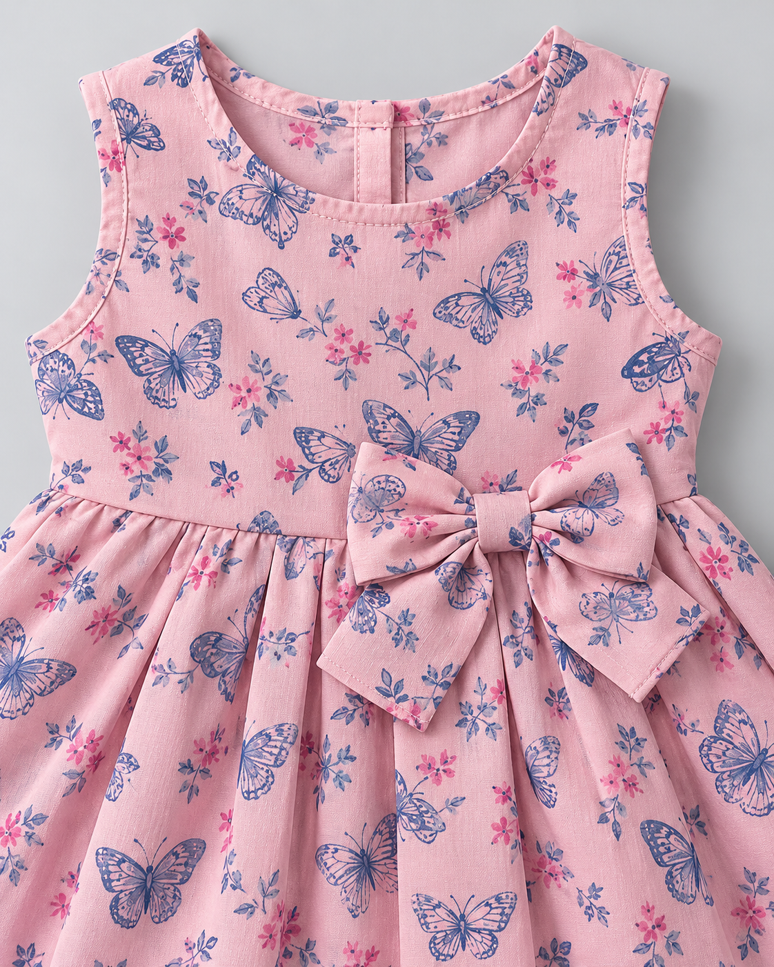 Girls’ Blush Pink Butterfly Printed Sleeveless Bow Party Dress