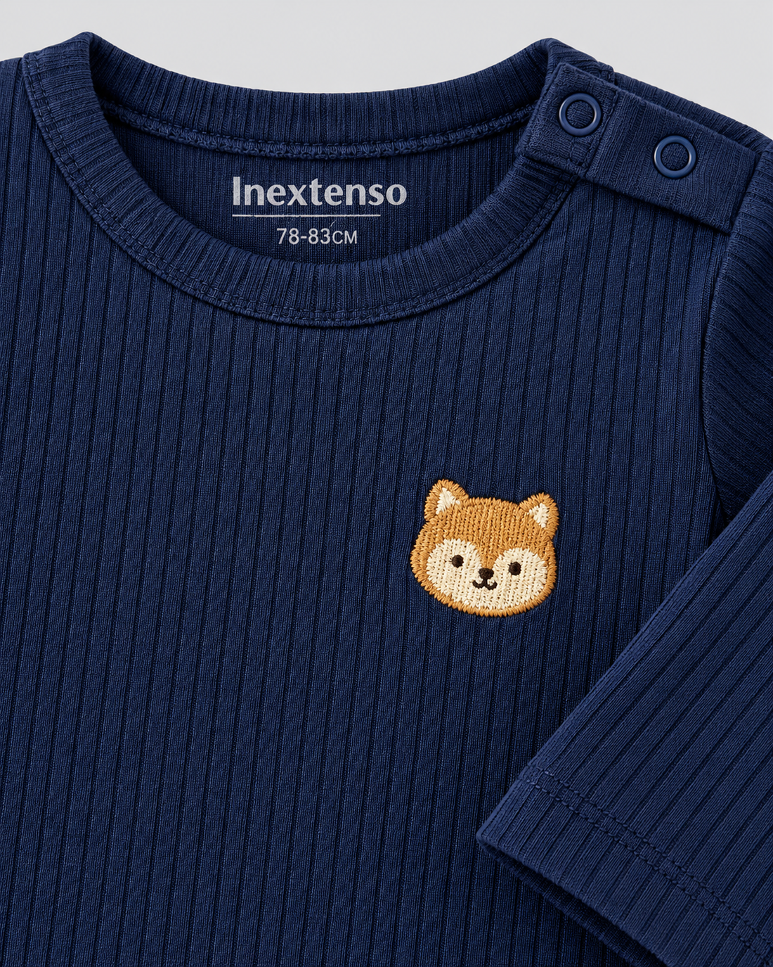 Baby Navy Blue Ribbed Animal Embroidered Full-Sleeve Top