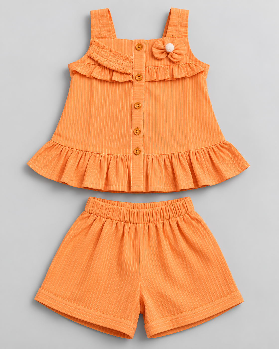 Girls’ Peach Orange Textured Ruffle Sleeveless Top & Shorts 2-Piece Set