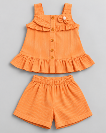 Girls’ Peach Orange Textured Ruffle Sleeveless Top & Shorts 2-Piece Set