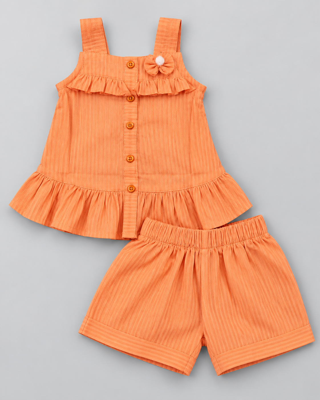 Girls’ Peach Orange Textured Ruffle Sleeveless Top & Shorts 2-Piece Set