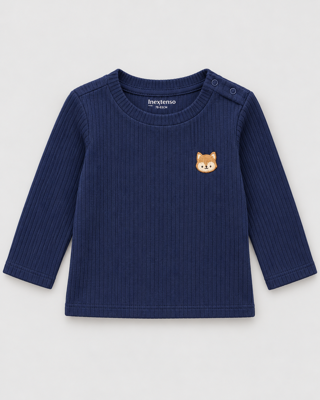 Baby Navy Blue Ribbed Animal Embroidered Full-Sleeve Top