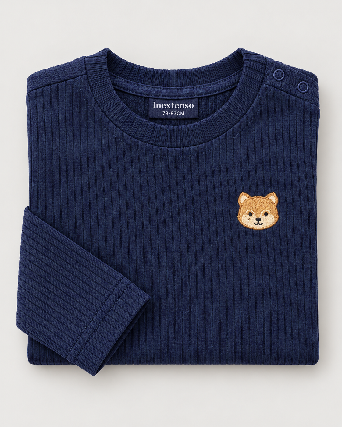 Baby Navy Blue Ribbed Animal Embroidered Full-Sleeve Top