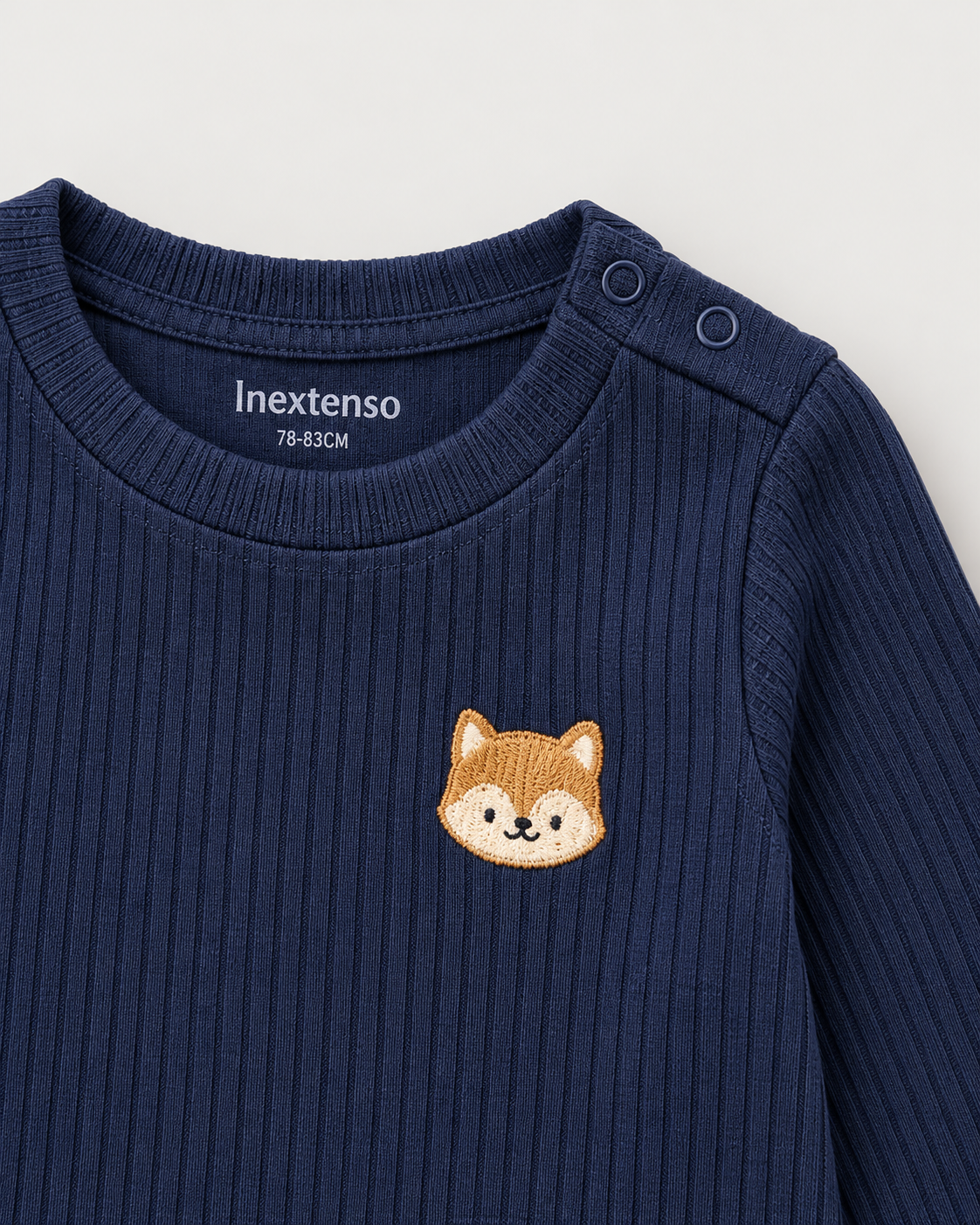 Baby Navy Blue Ribbed Animal Embroidered Full-Sleeve Top