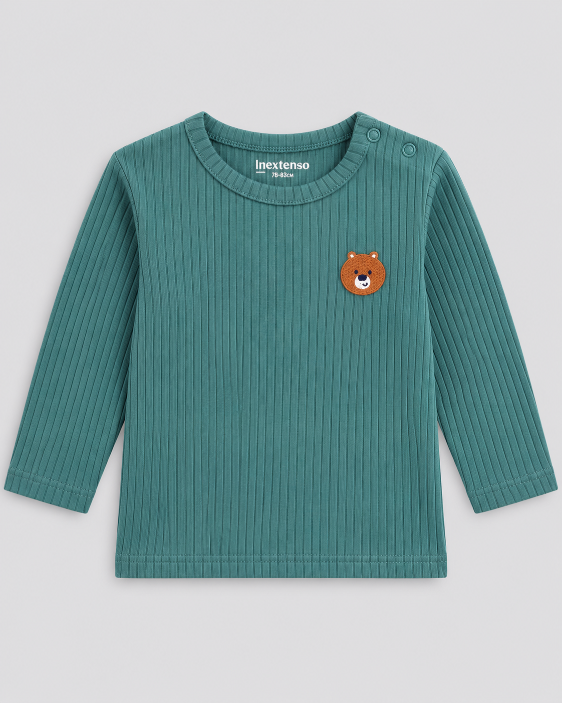 Baby Teal Green Ribbed Teddy Bear Embroidered Full-Sleeve Top