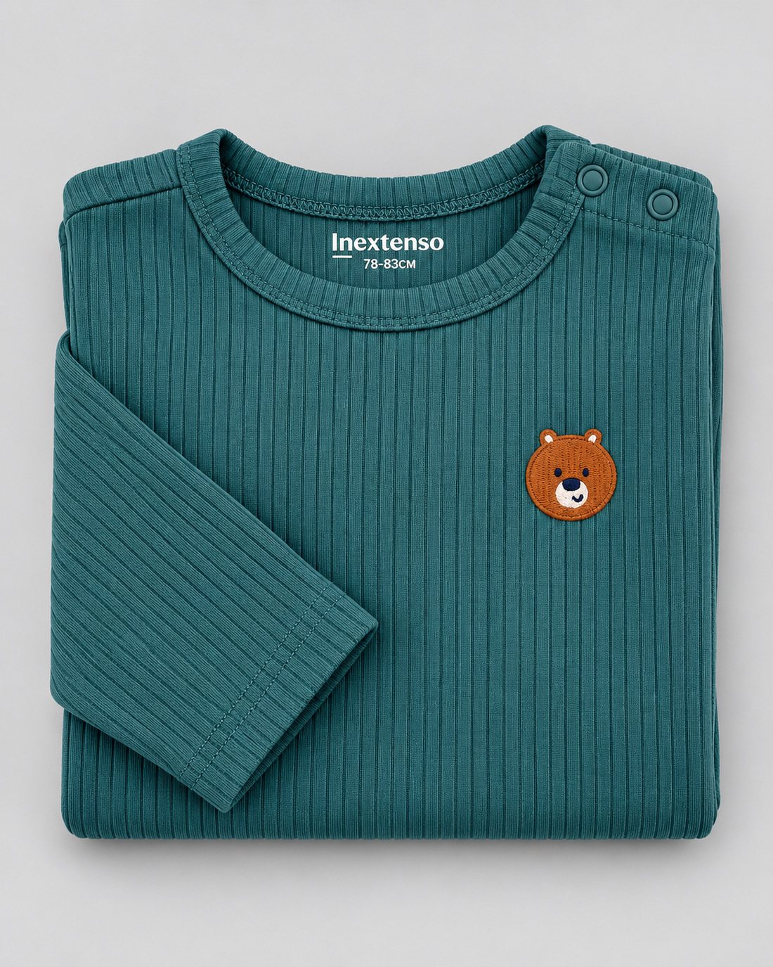 Baby Teal Green Ribbed Teddy Bear Embroidered Full-Sleeve Top