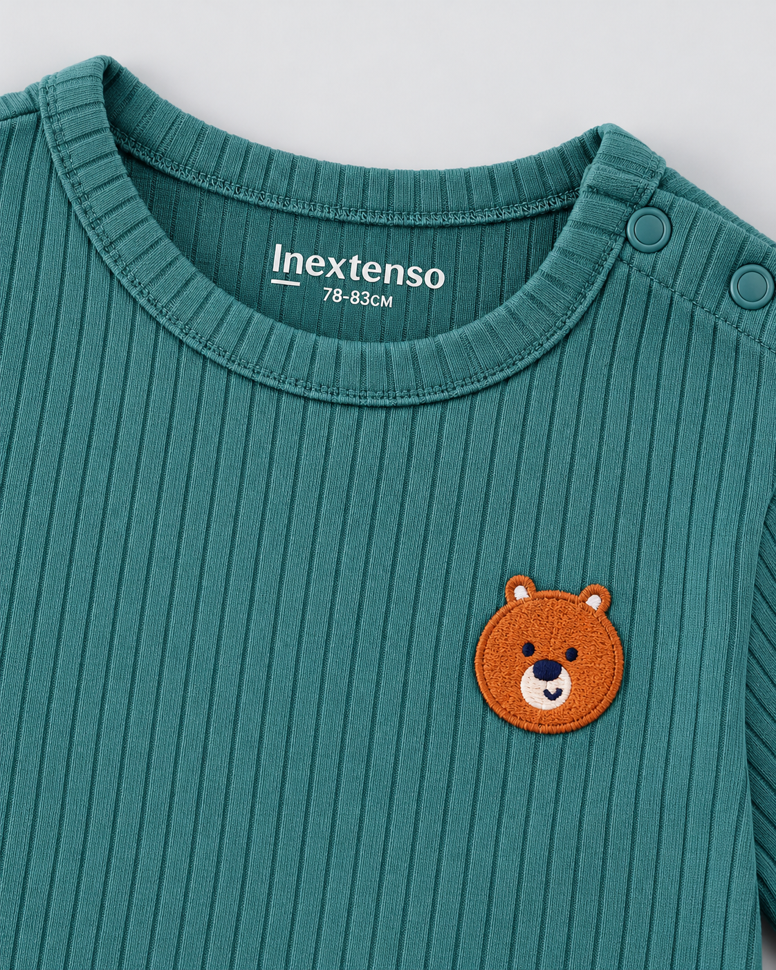 Baby Teal Green Ribbed Teddy Bear Embroidered Full-Sleeve Top