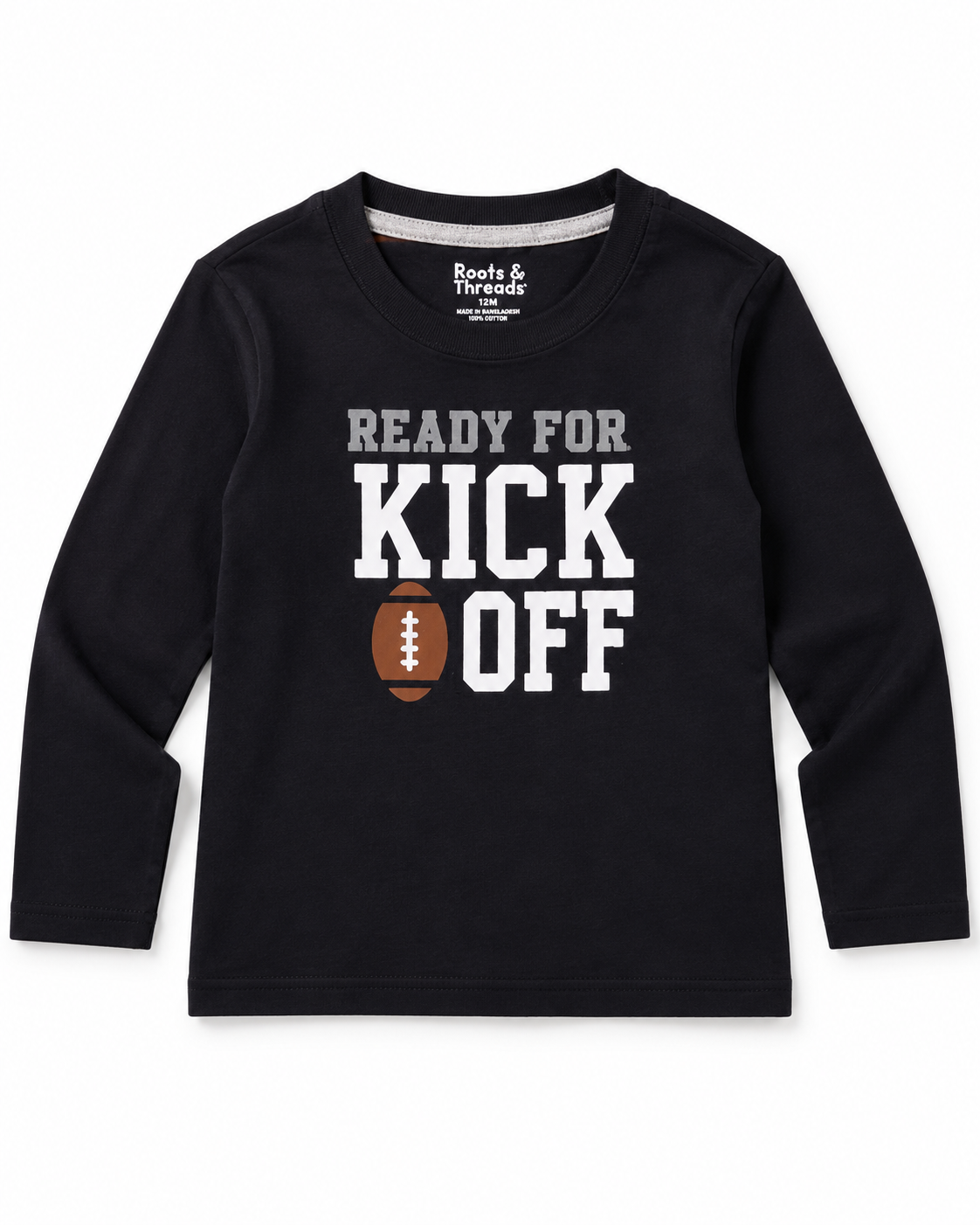 Boys’ Black “Ready for Kick Off” Football Graphic Full-Sleeve T-Shirt