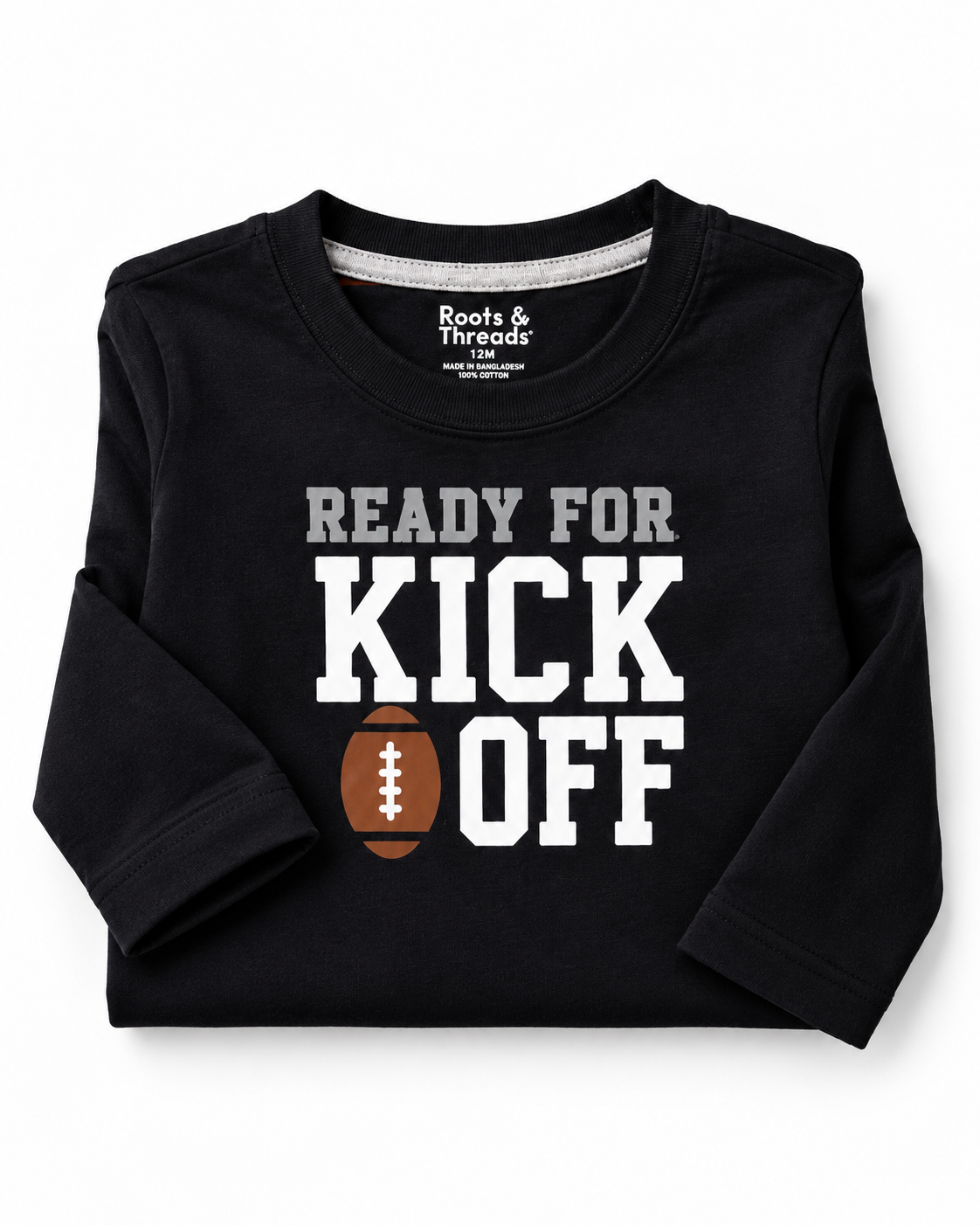 Boys’ Black “Ready for Kick Off” Football Graphic Full-Sleeve T-Shirt