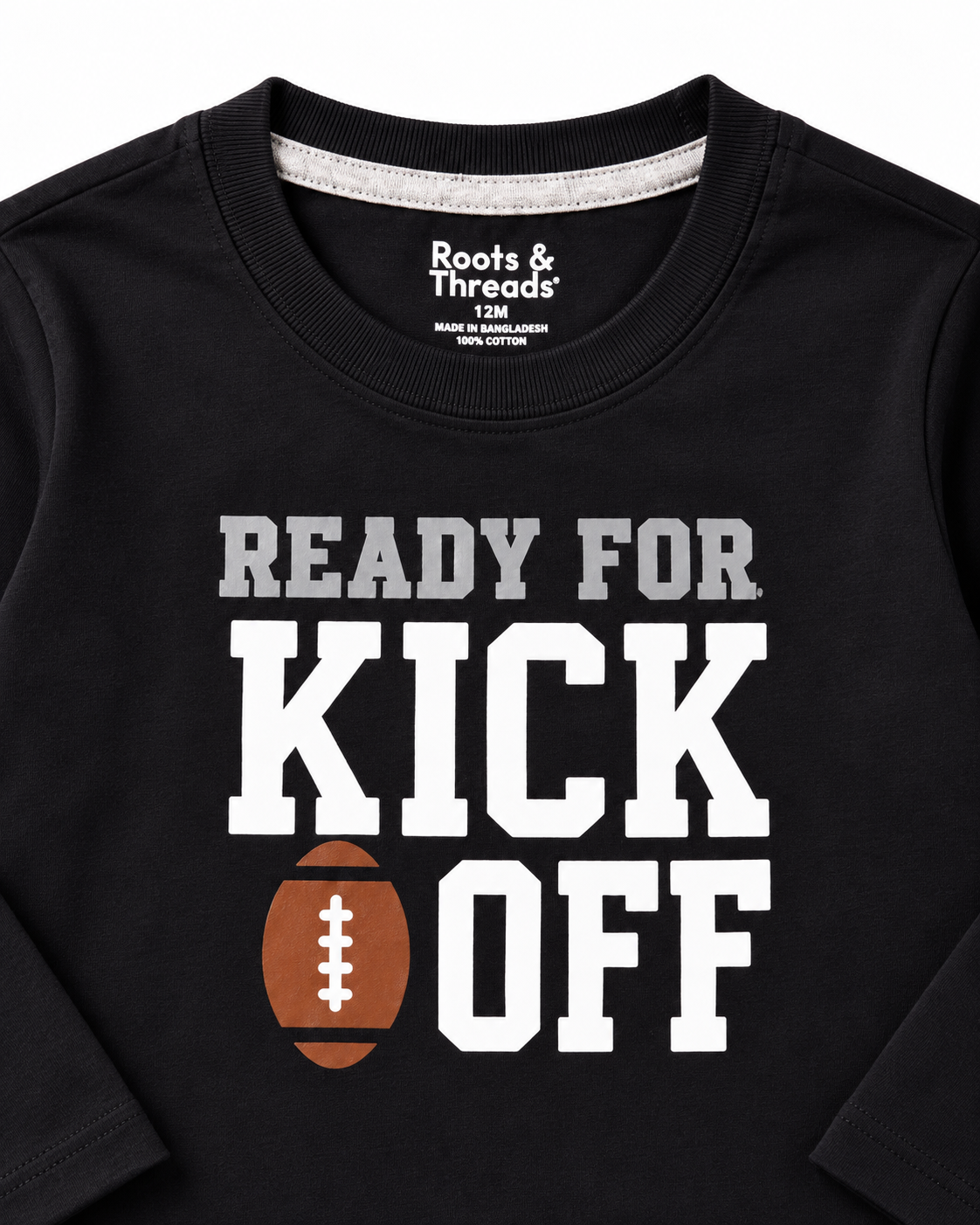 Boys’ Black “Ready for Kick Off” Football Graphic Full-Sleeve T-Shirt