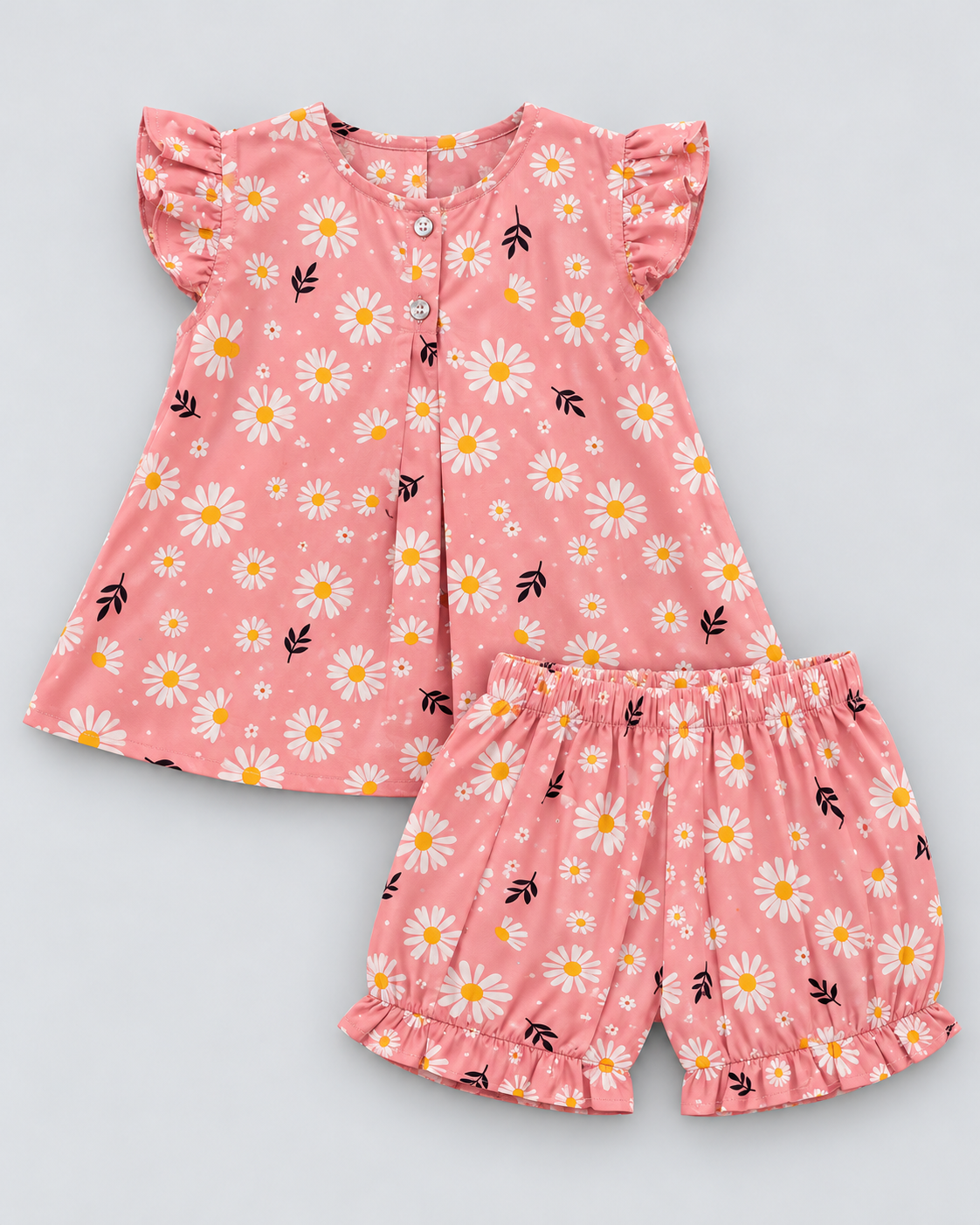 Girls’ Coral Pink Daisy Print Co-Ord Set – Flutter Sleeve Top & Shorts