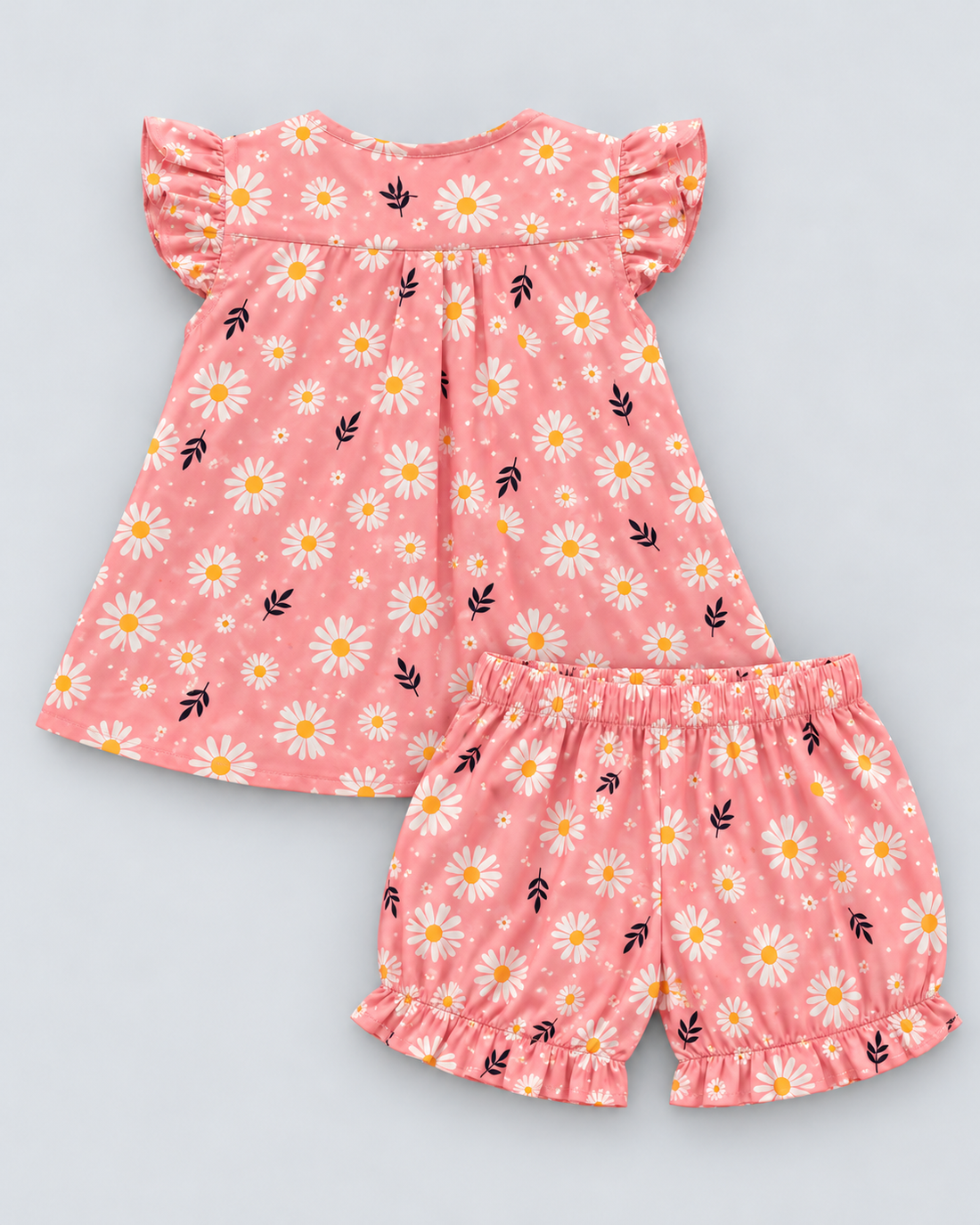 Girls’ Coral Pink Daisy Print Co-Ord Set – Flutter Sleeve Top & Shorts