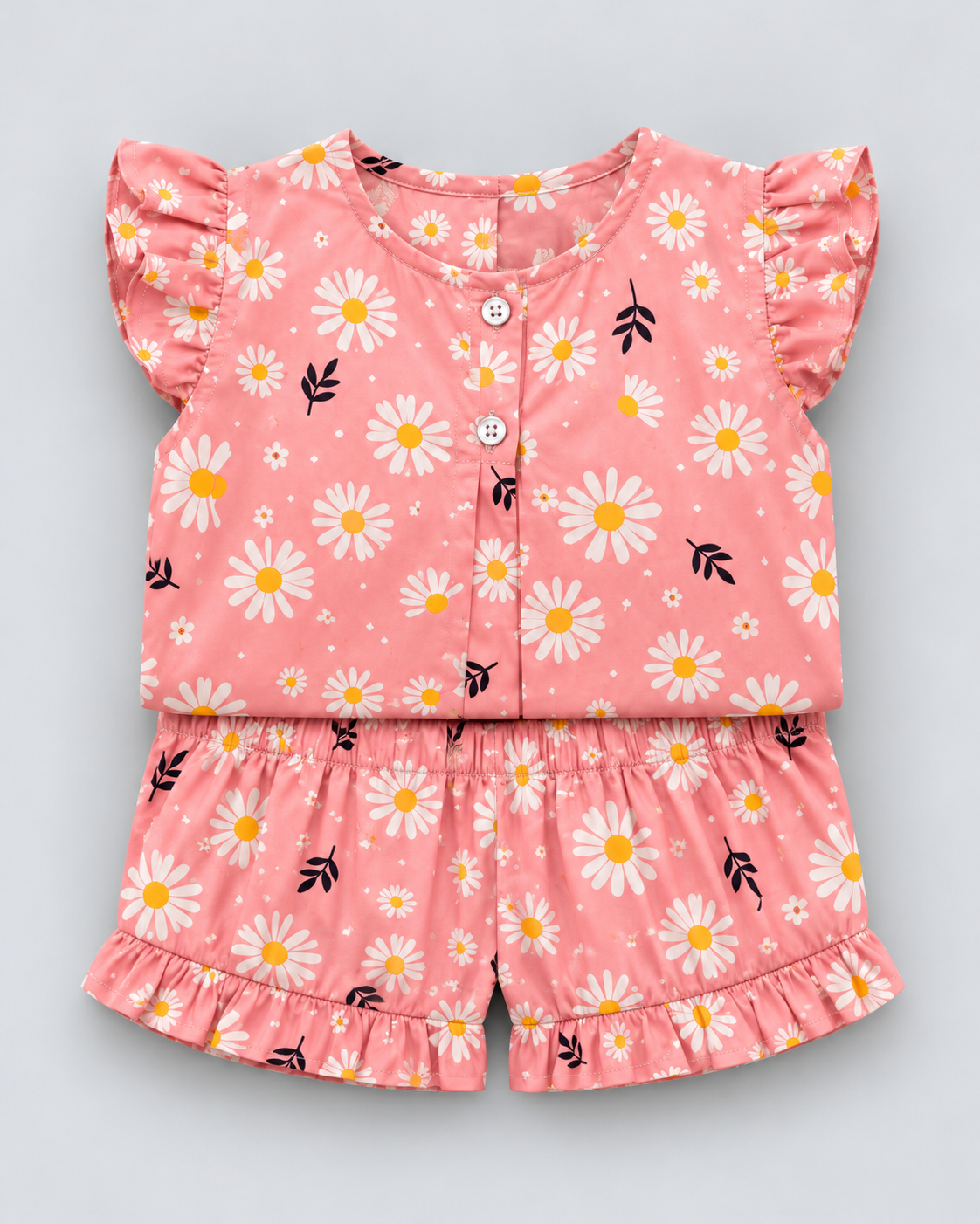 Girls’ Coral Pink Daisy Print Co-Ord Set – Flutter Sleeve Top & Shorts