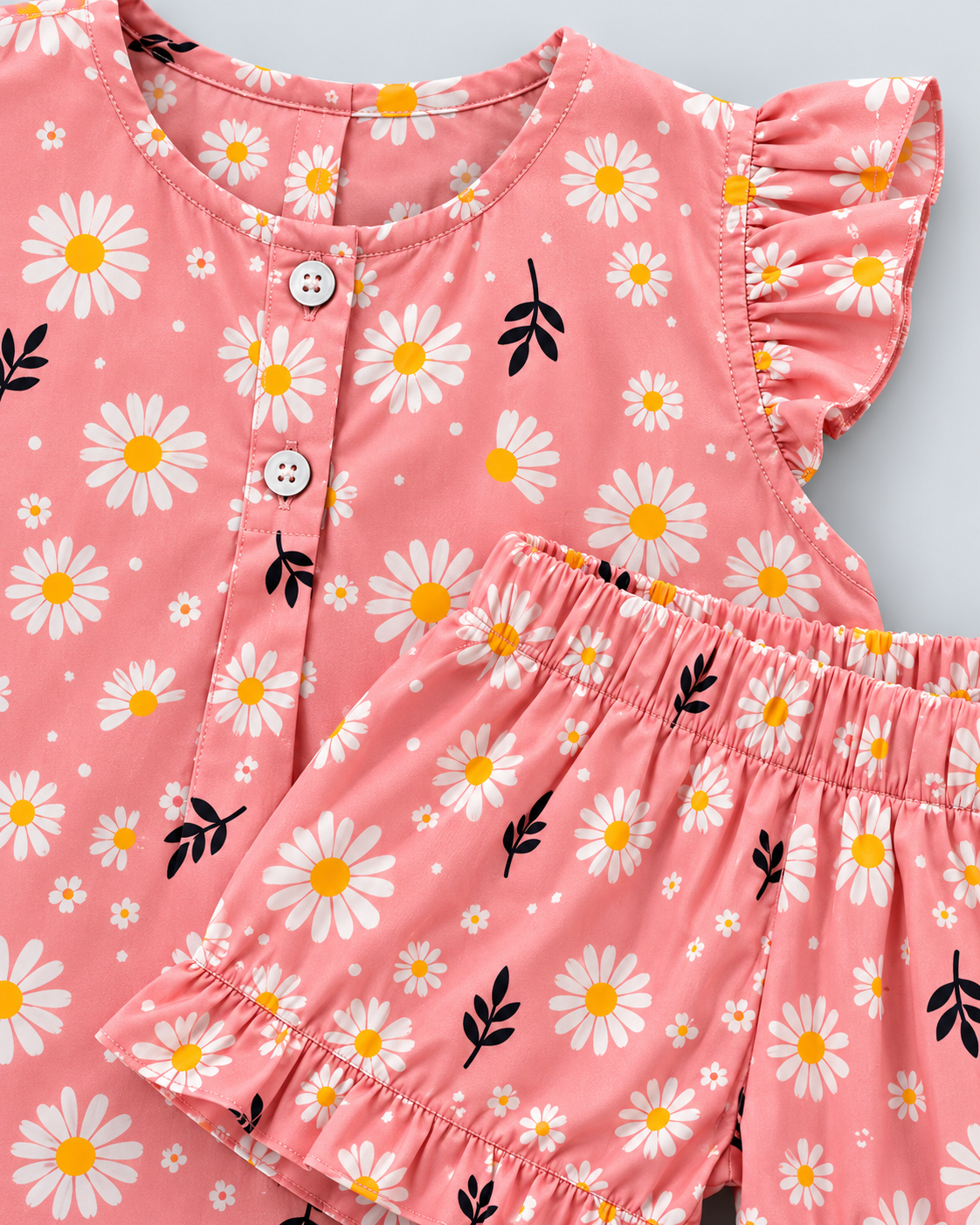 Girls’ Coral Pink Daisy Print Co-Ord Set – Flutter Sleeve Top & Shorts
