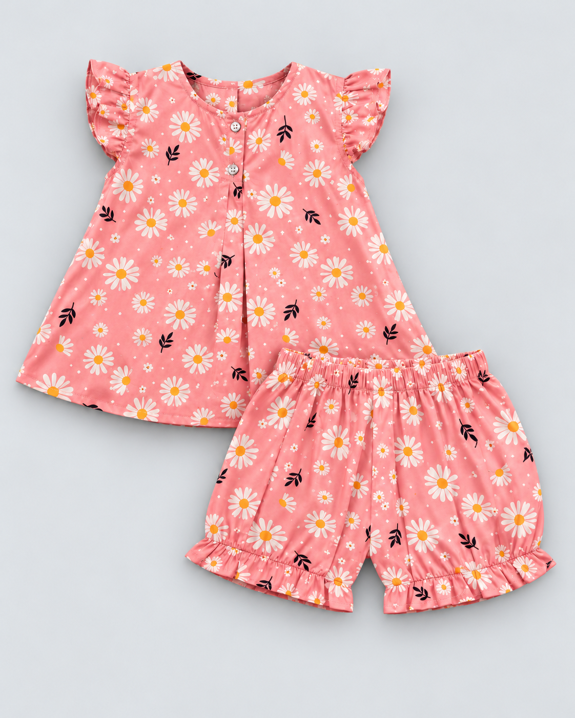 Girls’ Coral Pink Daisy Print Co-Ord Set – Flutter Sleeve Top & Shorts