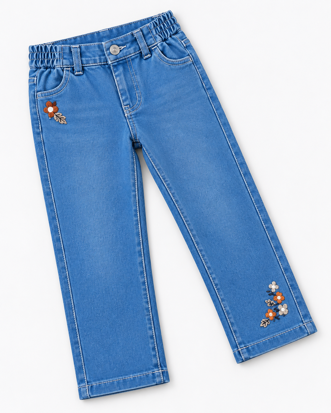 Girls’ Light Blue Floral Embroidered Wide-Leg Denim Jeans