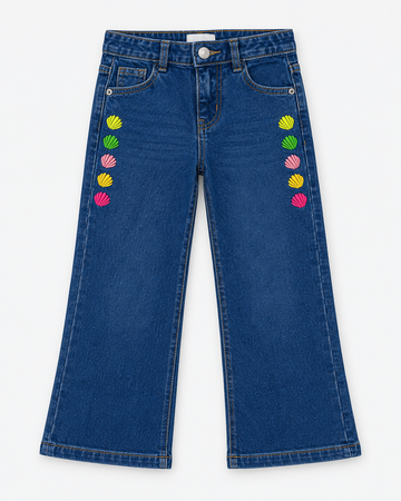 Girls’ Dark Blue Multicolor Shell Embroidered Wide-Leg Denim Jeans