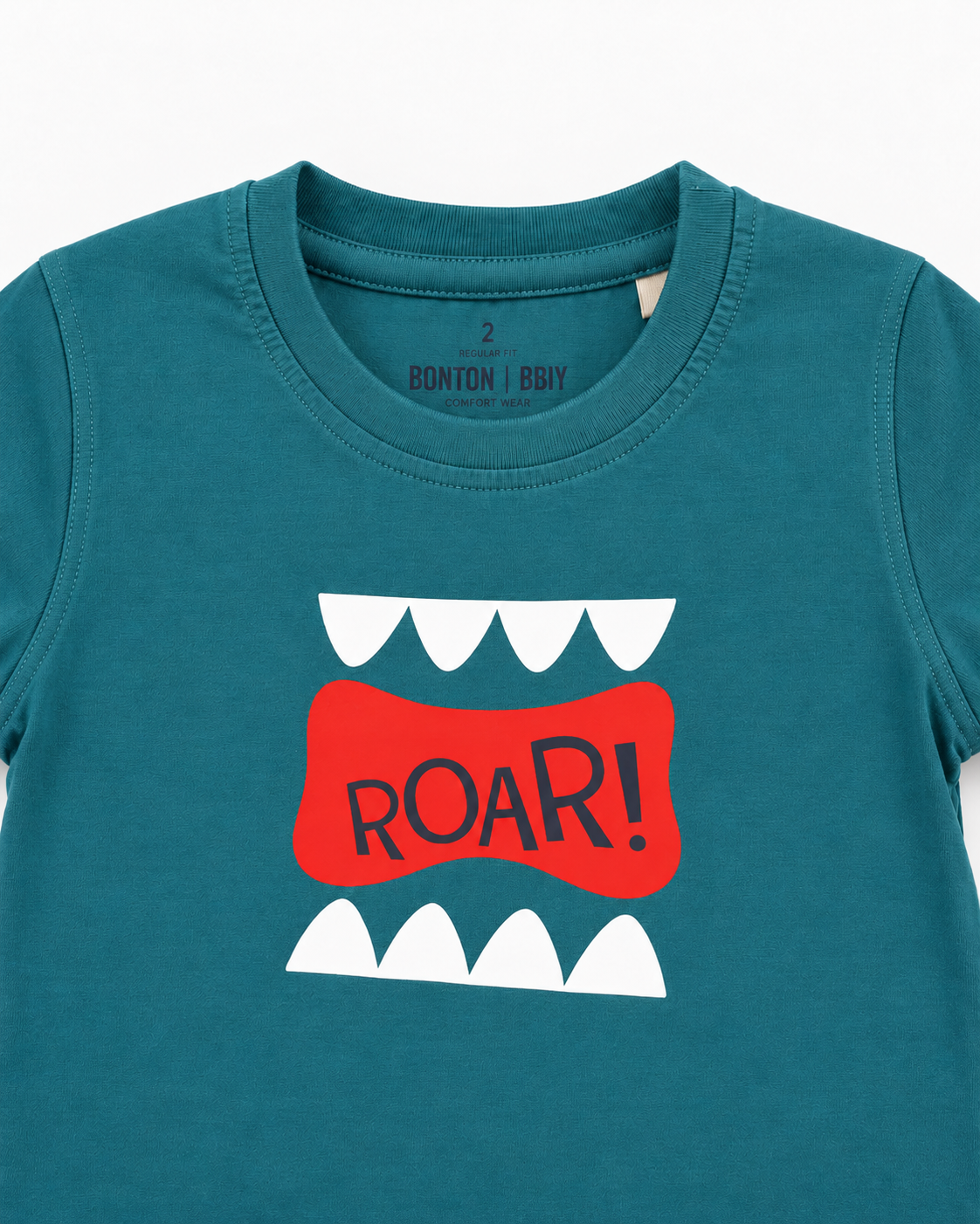 Boys’ Teal Green “Roar!” Dinosaur Teeth Graphic Half-Sleeve T-Shirt