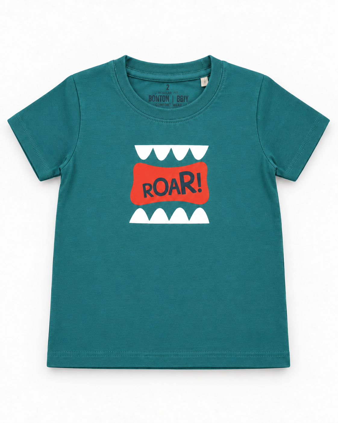 Boys’ Teal Green “Roar!” Dinosaur Teeth Graphic Half-Sleeve T-Shirt