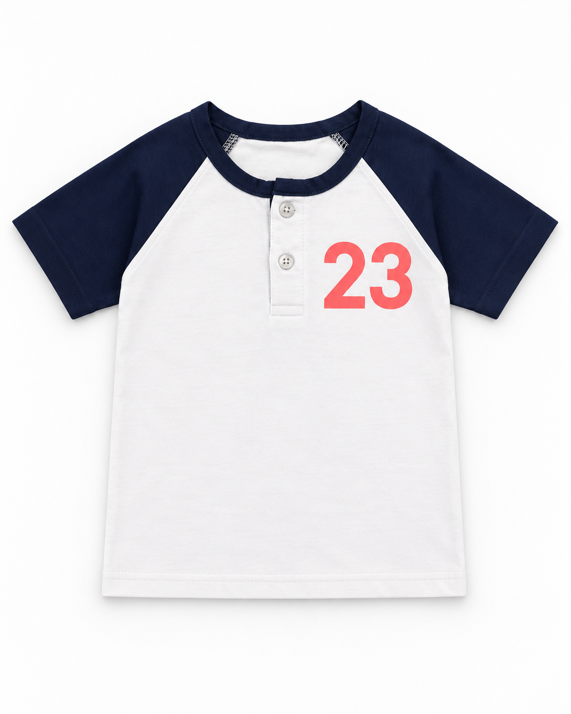 Boys’ White & Navy Number 23 Raglan Button-Neck Half-Sleeve T-Shirt
