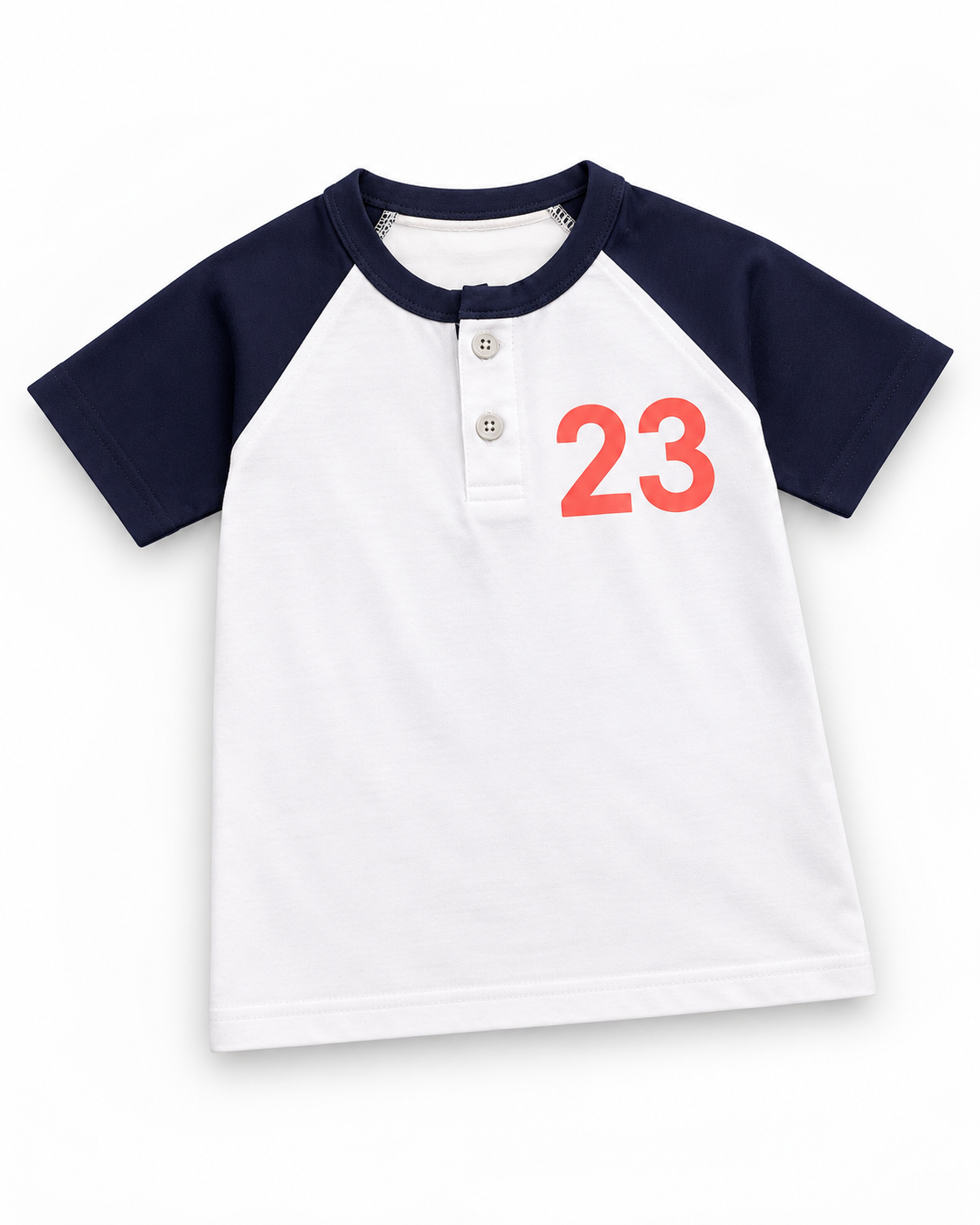 Boys’ White & Navy Number 23 Raglan Button-Neck Half-Sleeve T-Shirt
