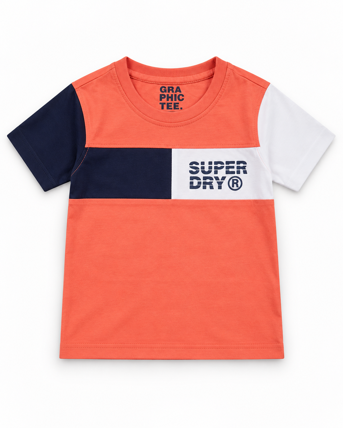 Boys’ Coral Orange, Navy & White Super Dry Colour-Block Half-Sleeve T-Shirt