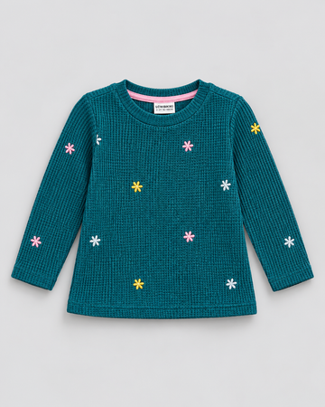 Girls’ Teal Blue Ribbed Floral Long-Sleeve Top