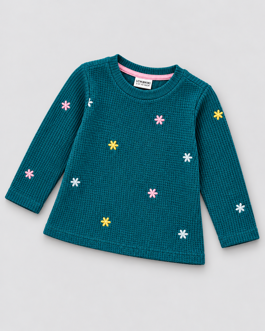 Girls’ Teal Blue Ribbed Floral Long-Sleeve Top