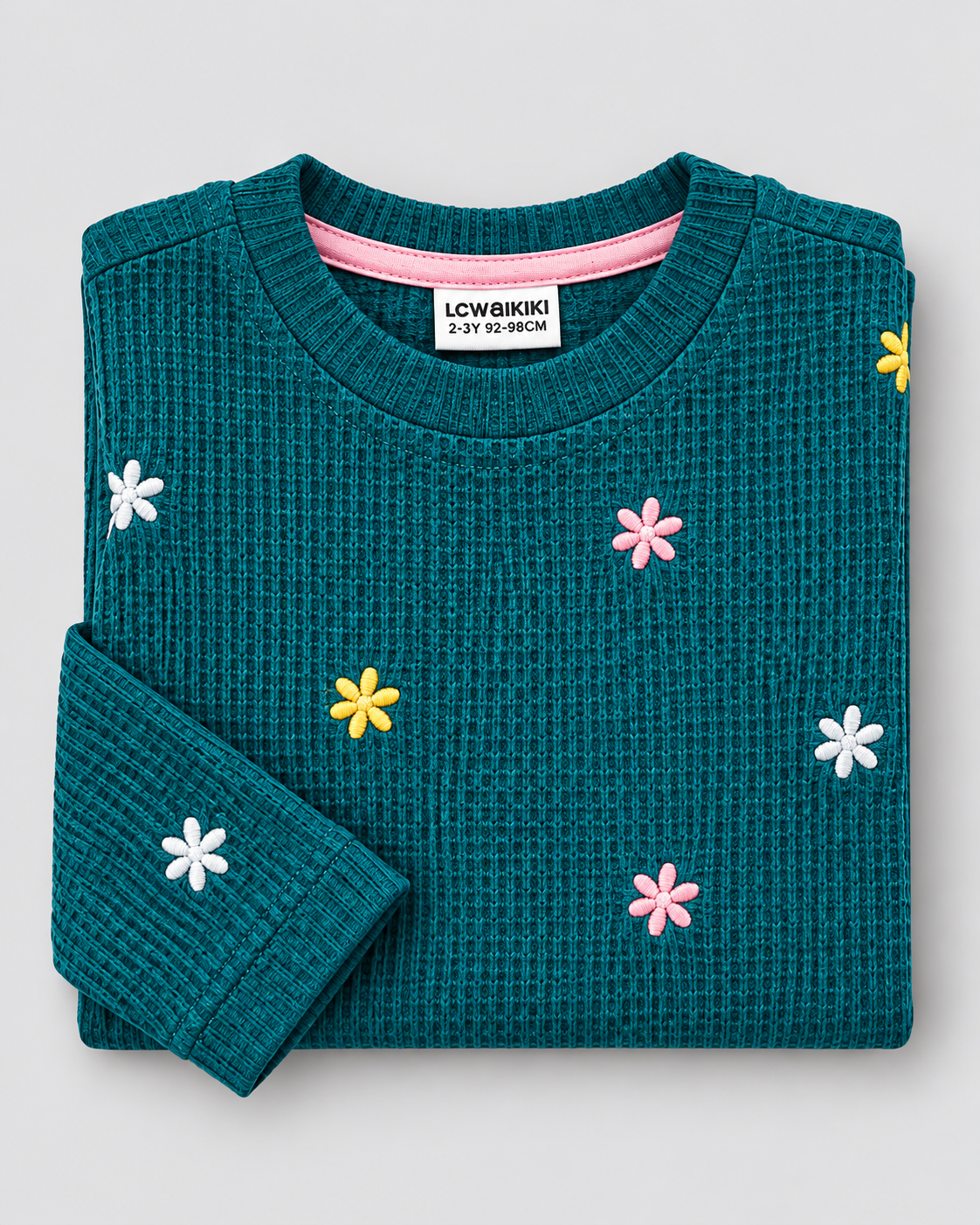 Girls’ Teal Blue Ribbed Floral Long-Sleeve Top