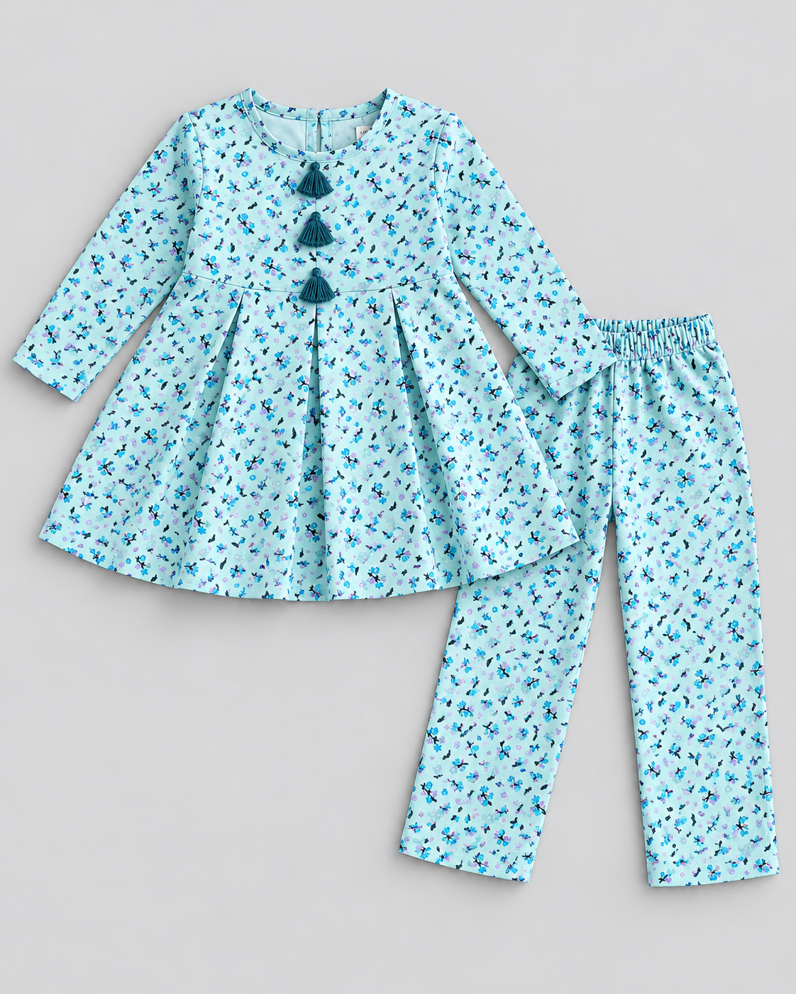 Girls’ Aqua Blue Floral Printed Lawn 2-Piece Co-Ord Set