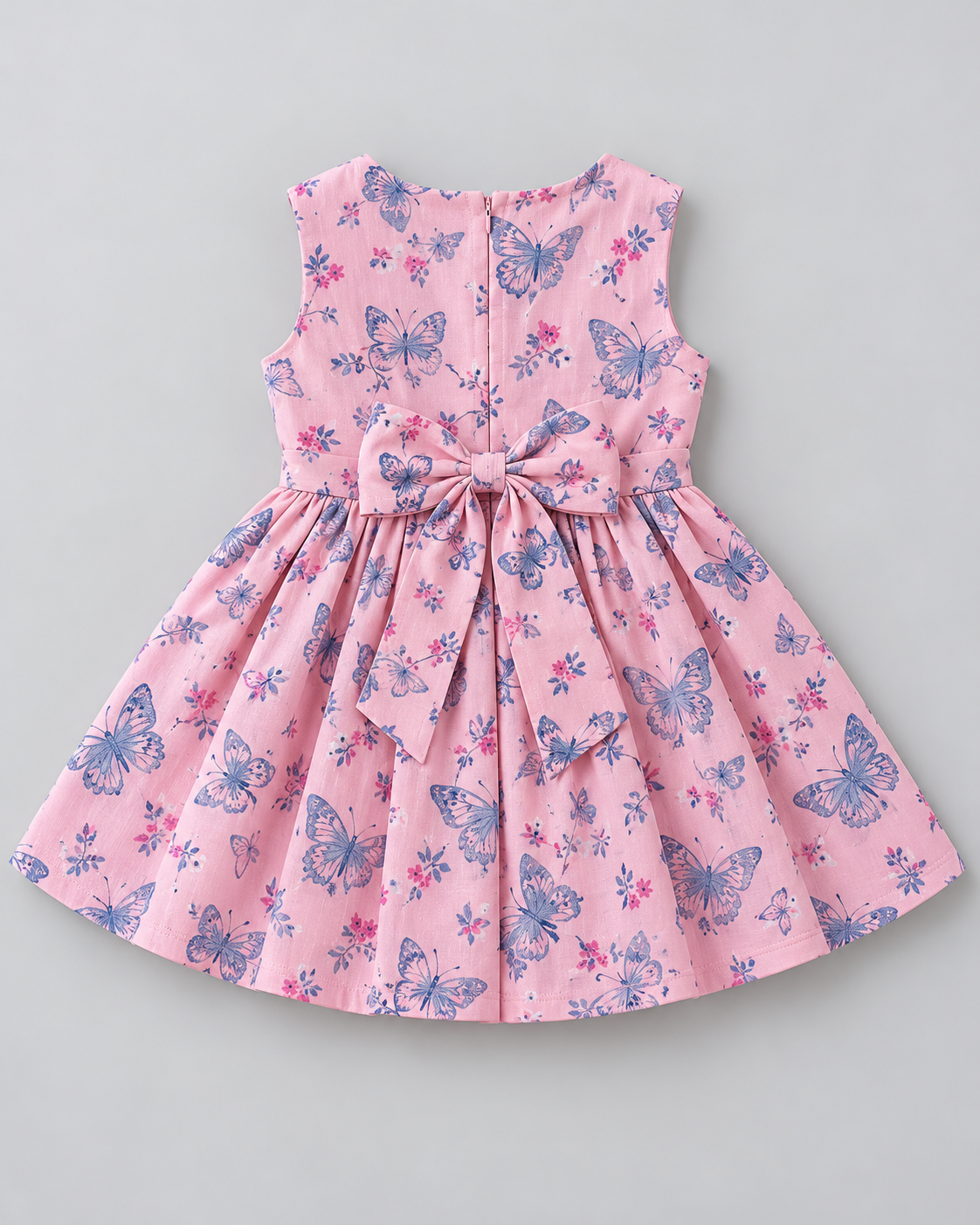 Girls’ Blush Pink Butterfly Printed Sleeveless Bow Party Dress