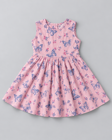 Girls’ Blush Pink Butterfly Printed Sleeveless Bow Party Dress