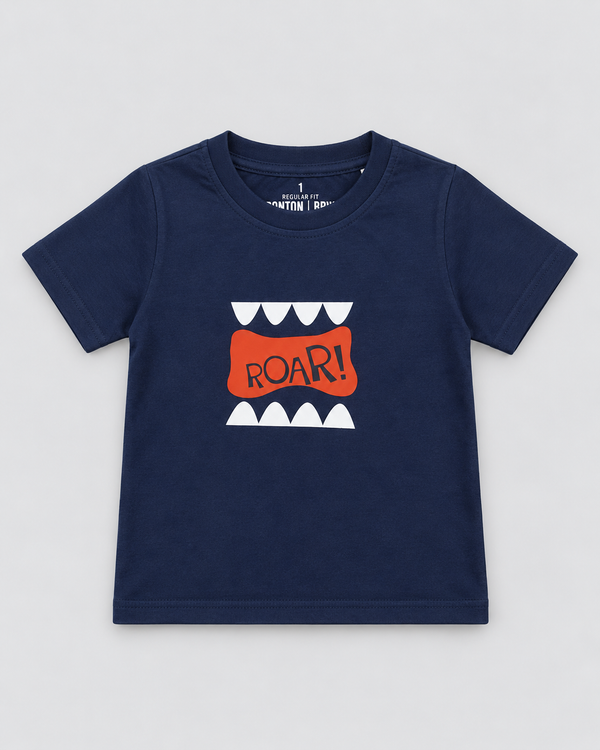 Boys’ Navy Blue “Roar!” Dinosaur Teeth Graphic Half-Sleeve T-Shirt
