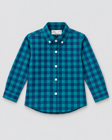Boys’ Teal Blue & Navy Checkered Full-Sleeve Button-Down Shirt