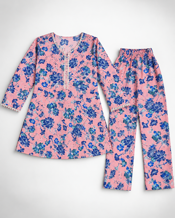 Girls’ Blush Pink & Royal Blue Floral Printed 2-Piece Co-Ord Set