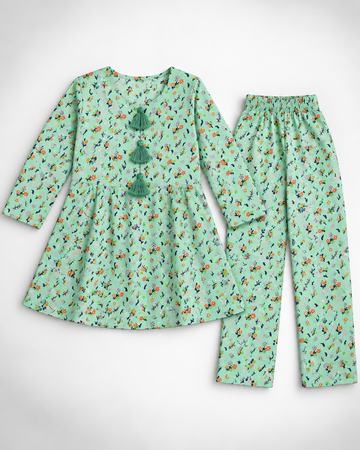 Girls’ Mint Green Multicolour Floral Printed Lawn 2-Piece Co-Ord Set