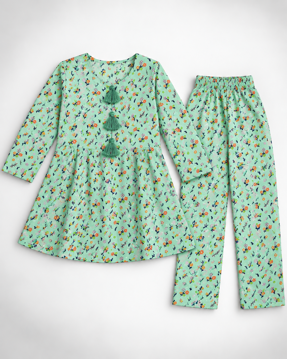 Girls’ Mint Green Multicolour Floral Printed Lawn 2-Piece Co-Ord Set